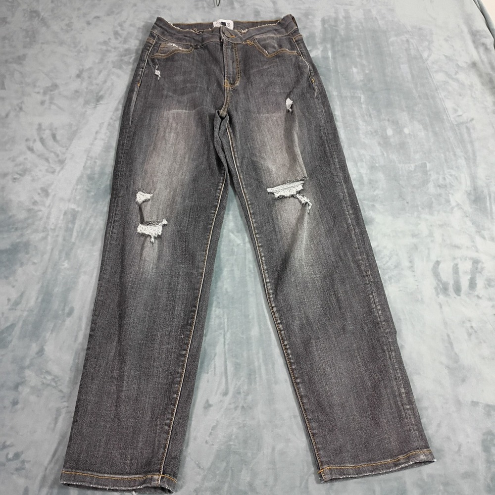 Insane Gene Womens Distressed Straight Leg Jeans Faded Black Raw Hem Size 7/27